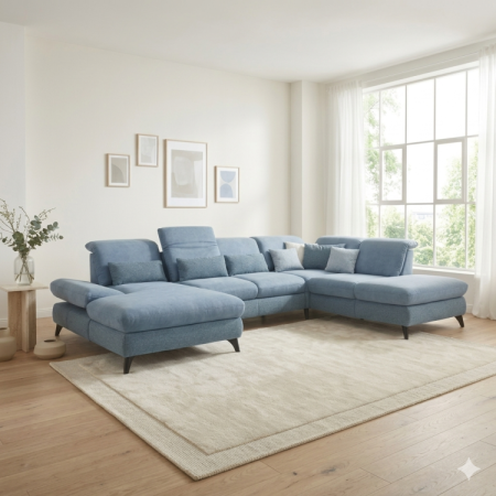 Sedergarnitur Carolina in U-Form mit Funktionsmöglichkeiten, blau
