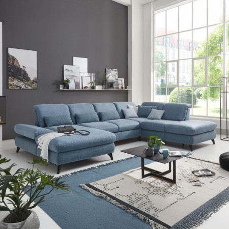 Sedergarnitur Carolina in U-Form mit Funktionsmöglichkeiten, blau