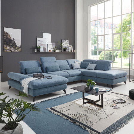 Sedergarnitur Carolina in U-Form mit Funktionsmöglichkeiten, blau