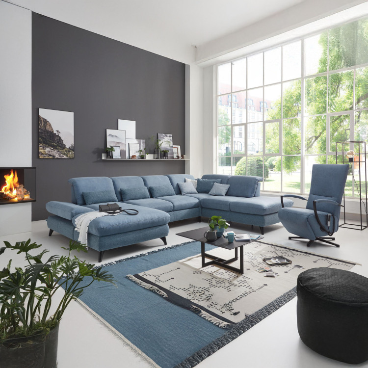 Sedergarnitur Carolina in U-Form mit Funktionsmöglichkeiten, blau
