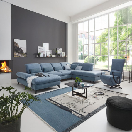 Sedergarnitur Carolina in U-Form mit Funktionsmöglichkeiten, blau