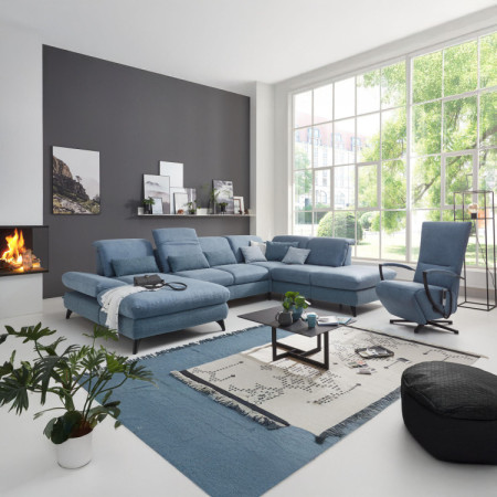 Sedergarnitur Carolina in U-Form mit Funktionsmöglichkeiten, blau