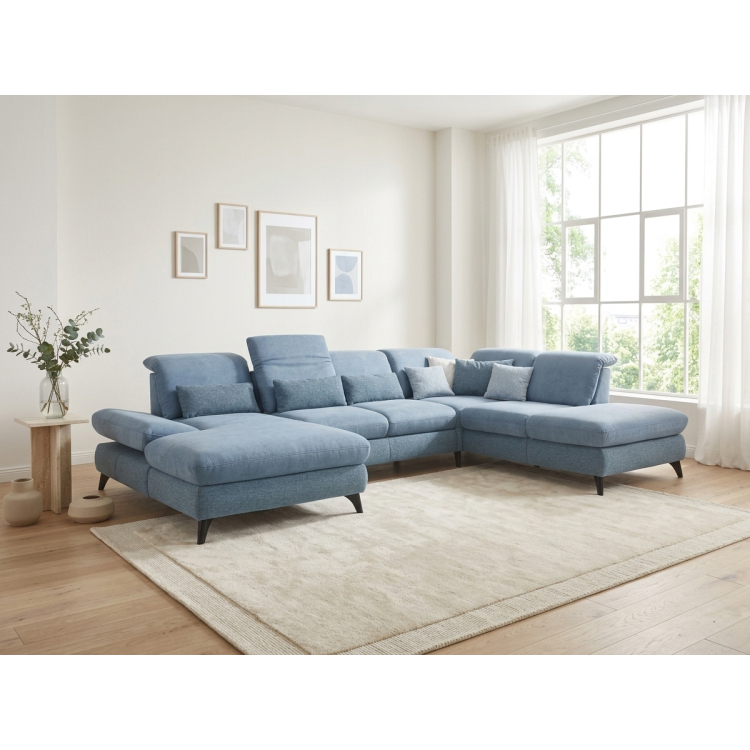 Sedergarnitur Carolina in U-Form mit Funktionsmöglichkeiten, blau