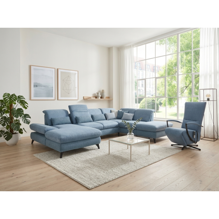 Sedergarnitur Carolina in U-Form mit Funktionsmöglichkeiten, blau