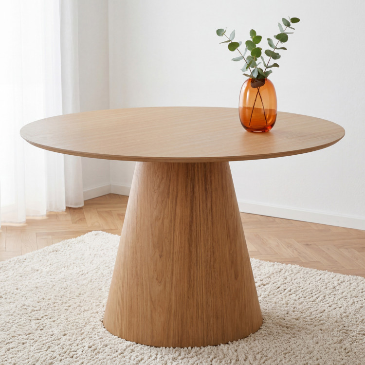 Runder Esstisch 120 cm mit konischem Bein – naturfarbene Eichenfurnier