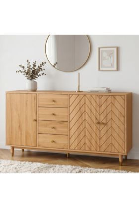 Massive Eichenkommode Jessica 190 cm mit gefrästem Fischgrätmuster