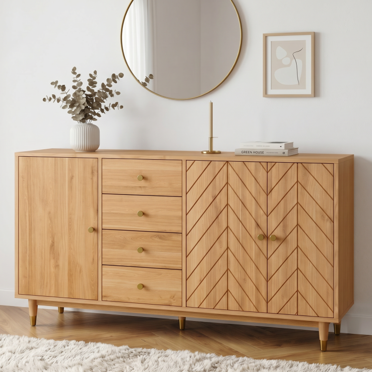 Massive Eichenkommode Jessica 190 cm mit gefrästem Fischgrätmuster