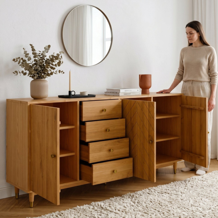 Massive Eichenkommode Jessica 190 cm mit gefrästem Fischgrätmuster