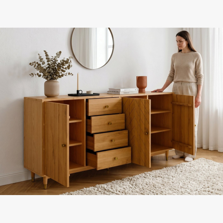 Massive Eichenkommode Jessica 190 cm mit gefrästem Fischgrätmuster