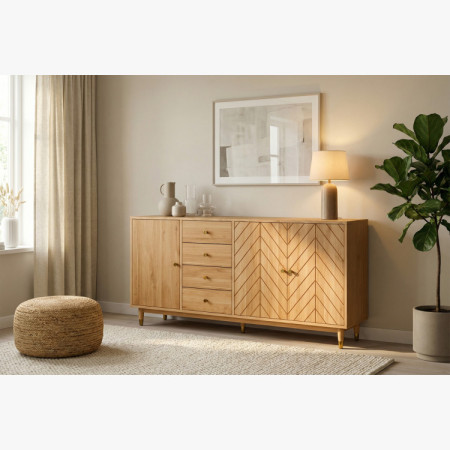 Massive Eichenkommode Jessica 190 cm mit gefrästem Fischgrätmuster