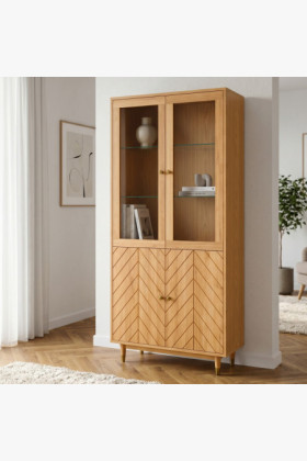 Eichenvitrine 95 cm mit Glastüren und Fischgrät-Dekor