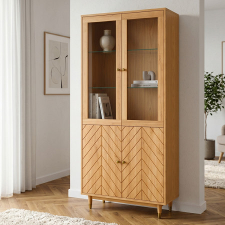 Eichenvitrine 95 cm mit Glastüren und Fischgrät-Dekor