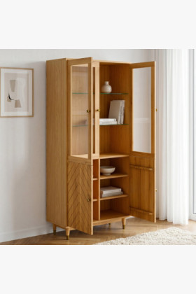 Eichenvitrine 95 cm mit Glastüren und Fischgrät-Dekor 2