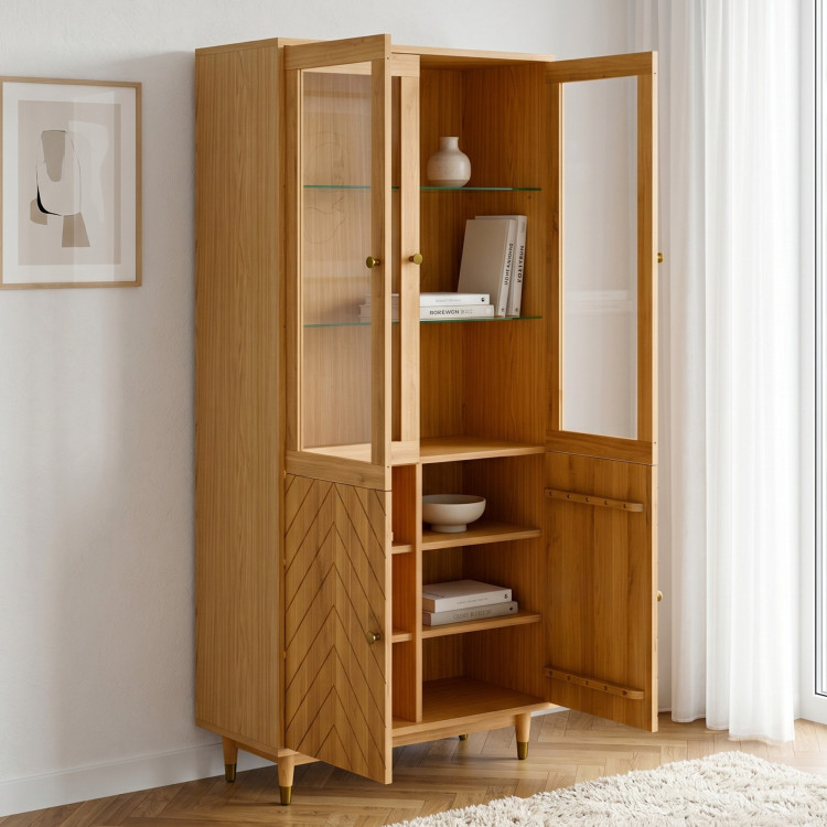 Eichenvitrine 95 cm mit Glastüren und Fischgrät-Dekor