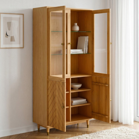 Eichenvitrine 95 cm mit Glastüren und Fischgrät-Dekor