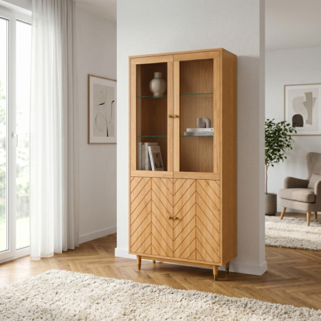 Eichenvitrine 95 cm mit Glastüren und Fischgrät-Dekor