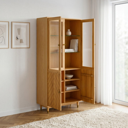 Eichenvitrine 95 cm mit Glastüren und Fischgrät-Dekor