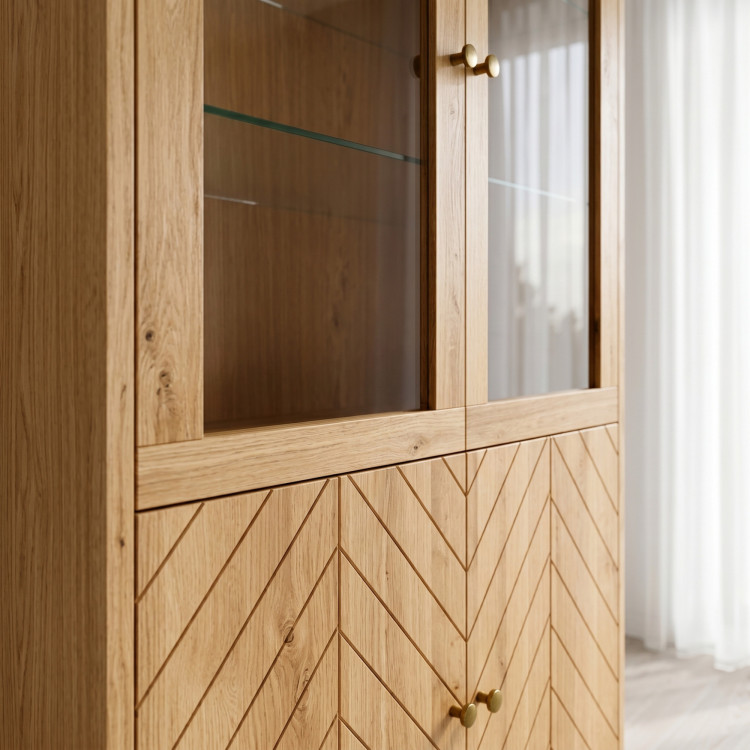 Eichenvitrine 95 cm mit Glastüren und Fischgrät-Dekor