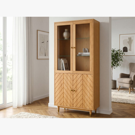 Eichenvitrine 95 cm mit Glastüren und Fischgrät-Dekor