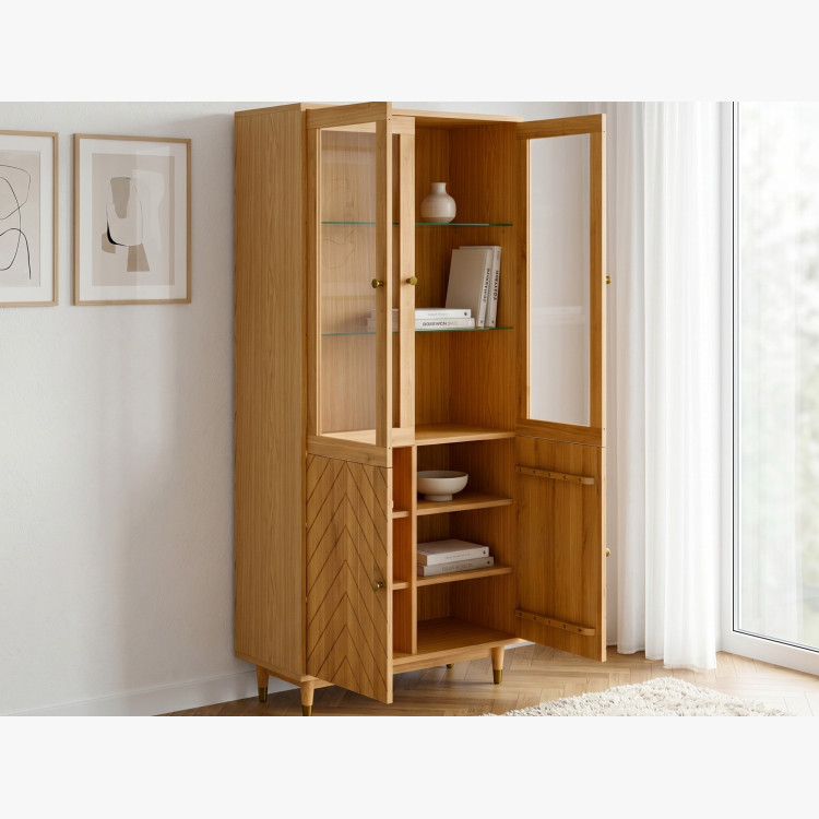 Eichenvitrine 95 cm mit Glastüren und Fischgrät-Dekor