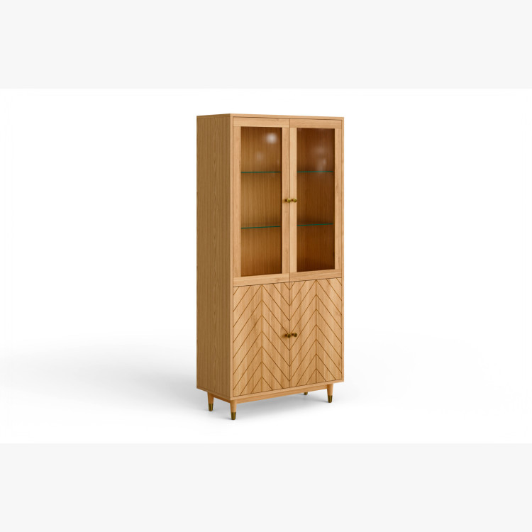 Eichenvitrine 95 cm mit Glastüren und Fischgrät-Dekor