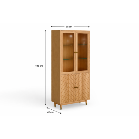 Eichenvitrine 95 cm mit Glastüren und Fischgrät-Dekor