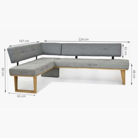 Látková rohová lavica - sivá - dubové nohy Colmar, ľavá